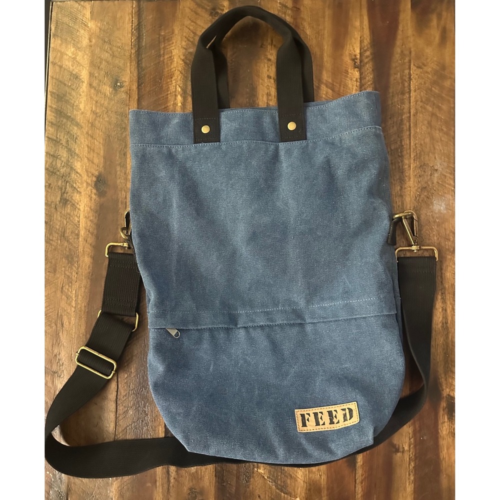 FEED Blue Canvas Crossbody Tote Bag Adjustable Strap Cotton Blend Messenger